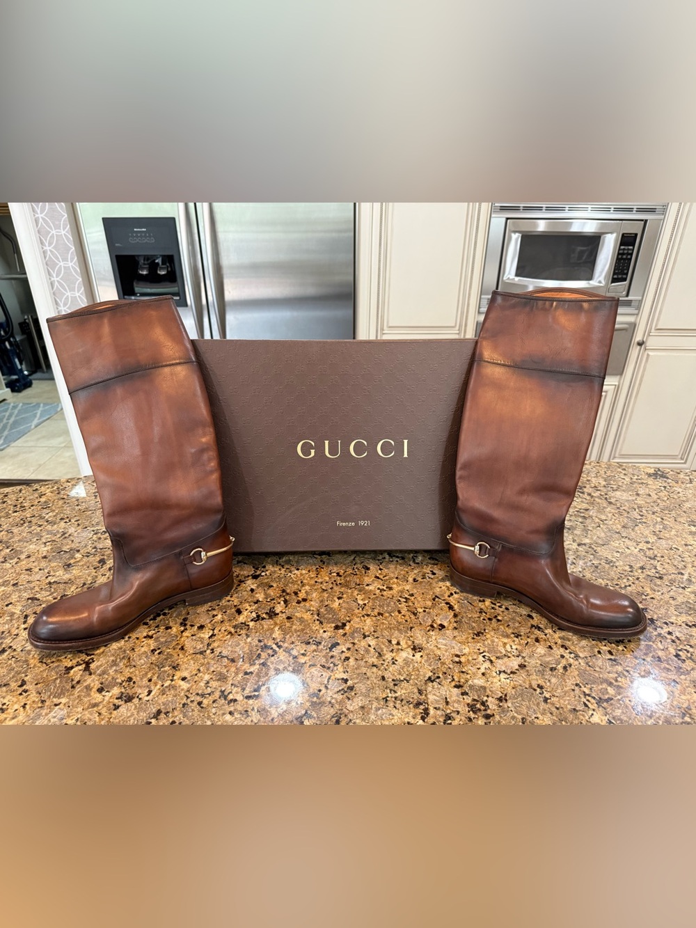GUCCI Authentic Brown Leather Horsebit Knee High Riding Boots 38